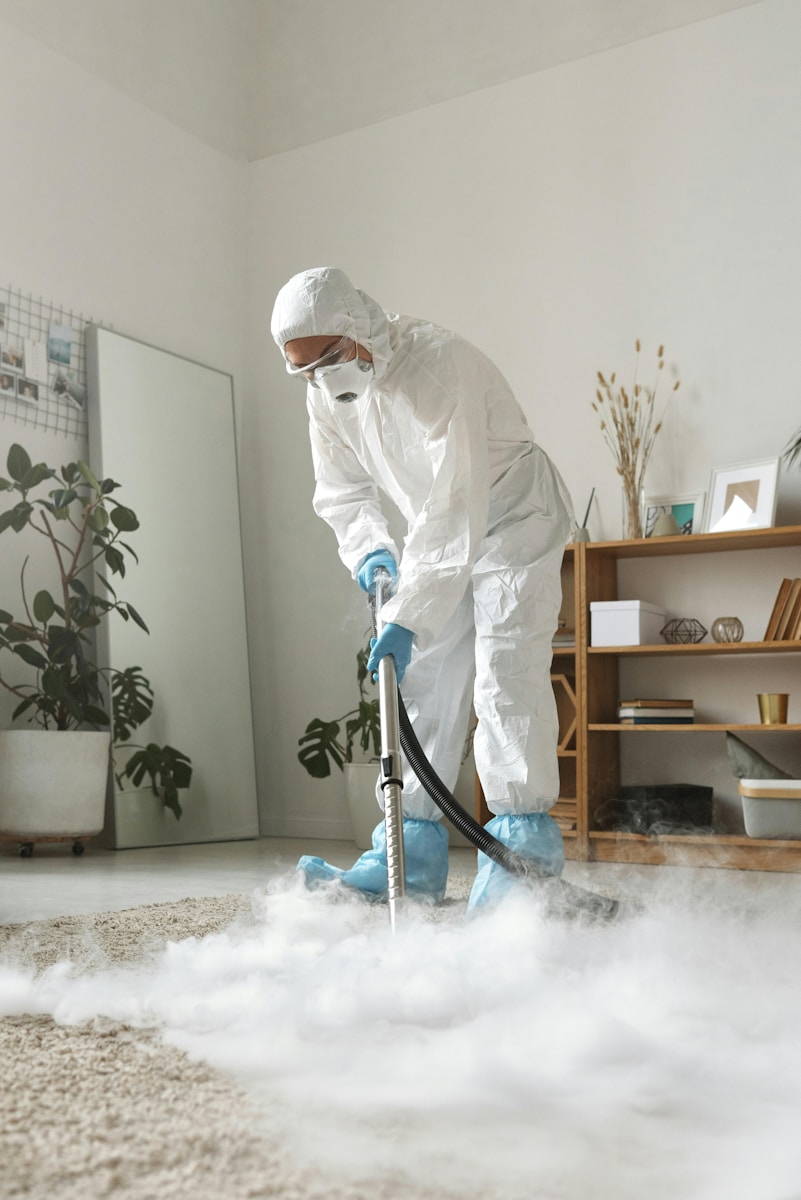 Photo by California Steam & Dry Carpet Cleaning A person in protective suit cleans a carpet.