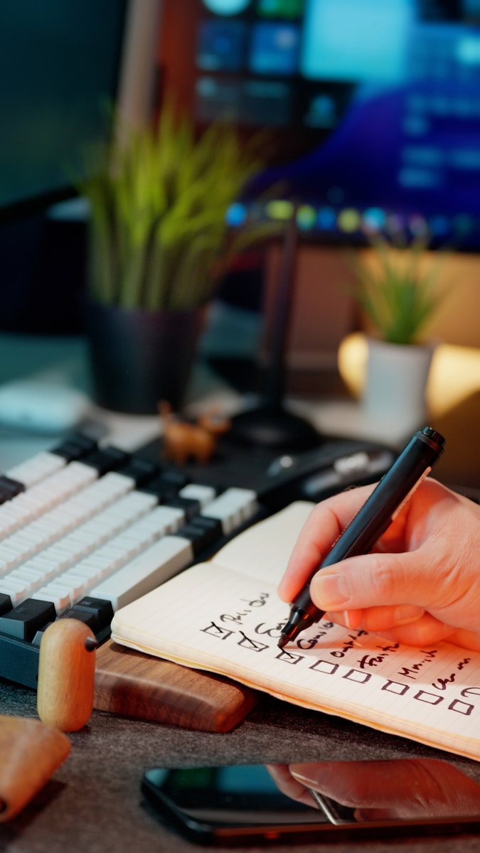 White-labeled business automation and client management platform built for yoga instructors, wellness studios, and hybrid service providers. 2 Someone is writing in a notebook with checkboxes.