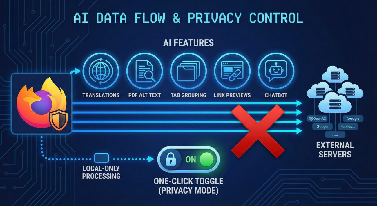 Firefox generative AI privacy control diagram illustrating data flow to external services and how the toggle blocks it