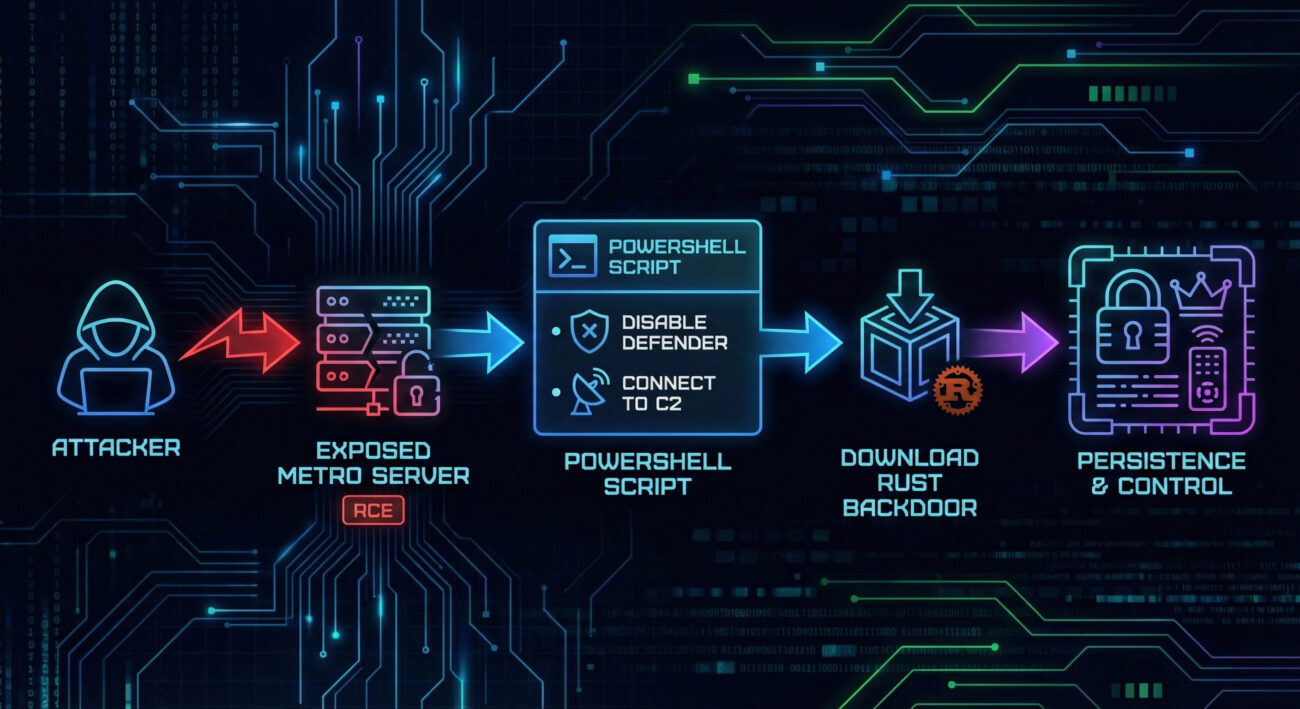 Metro4Shell attack chain flow diagram showing exploit, defense evasion, and backdoor installation
