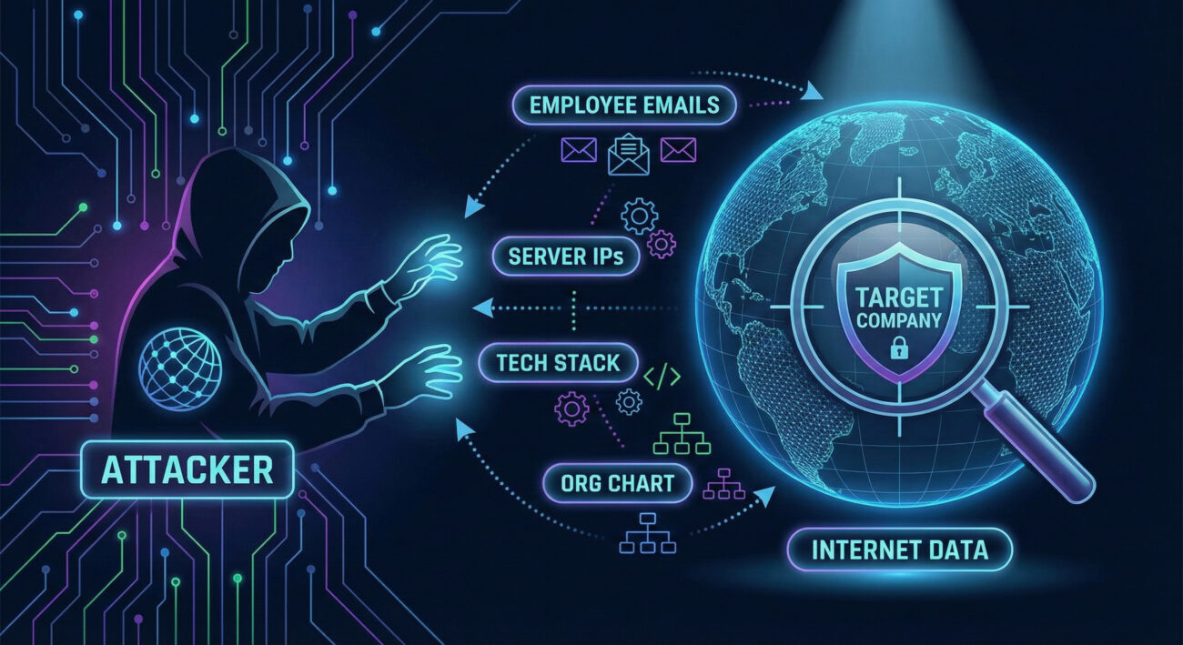 Visual explanation of MITRE ATT&CK Reconnaissance showing an attacker gathering disparate pieces of target information.
