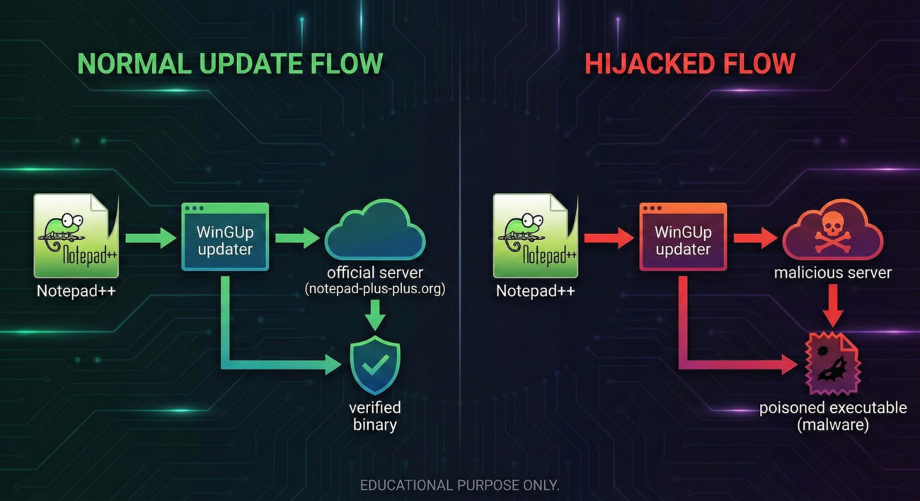 Notepad++ update hijack attack flow diagram comparing normal and compromised update paths