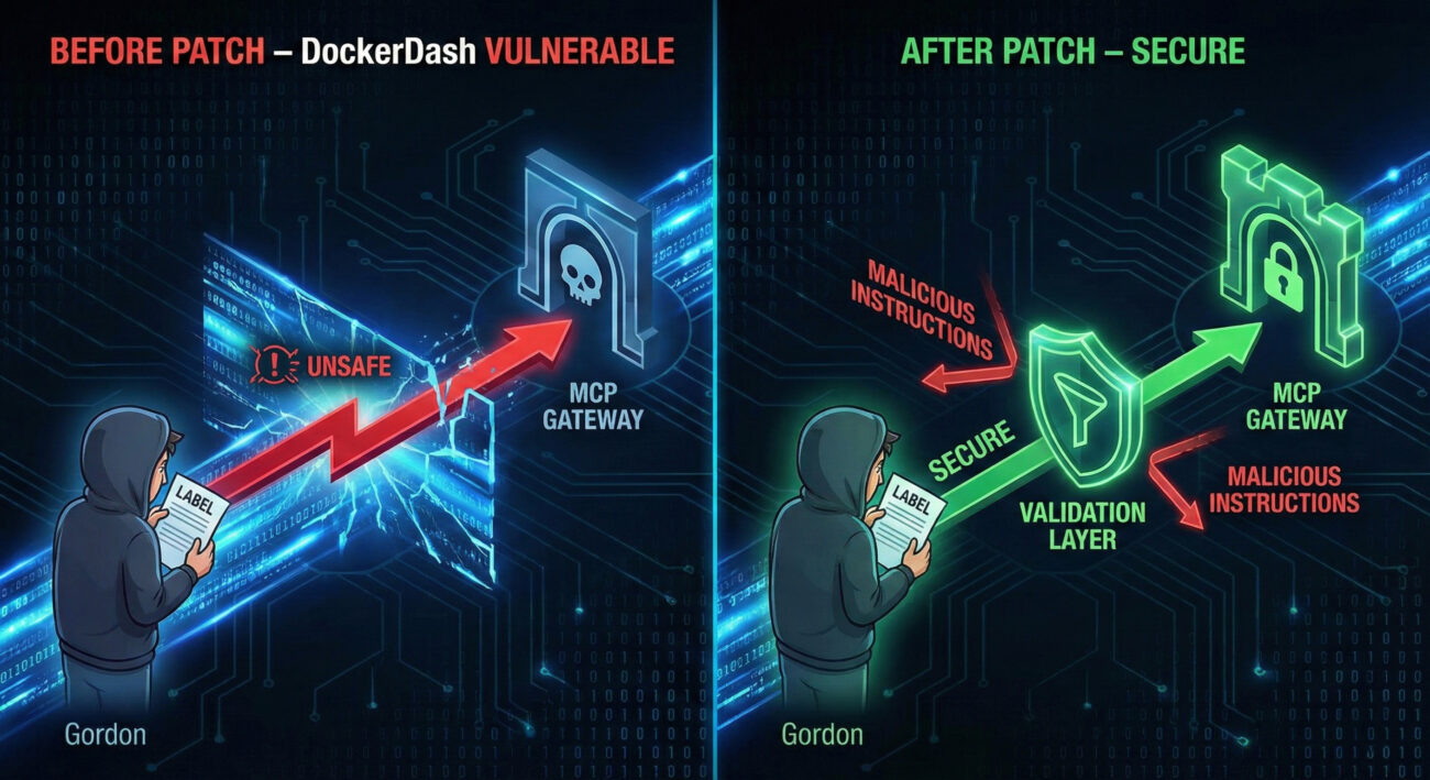 DockerDash vulnerability before and after patch visual