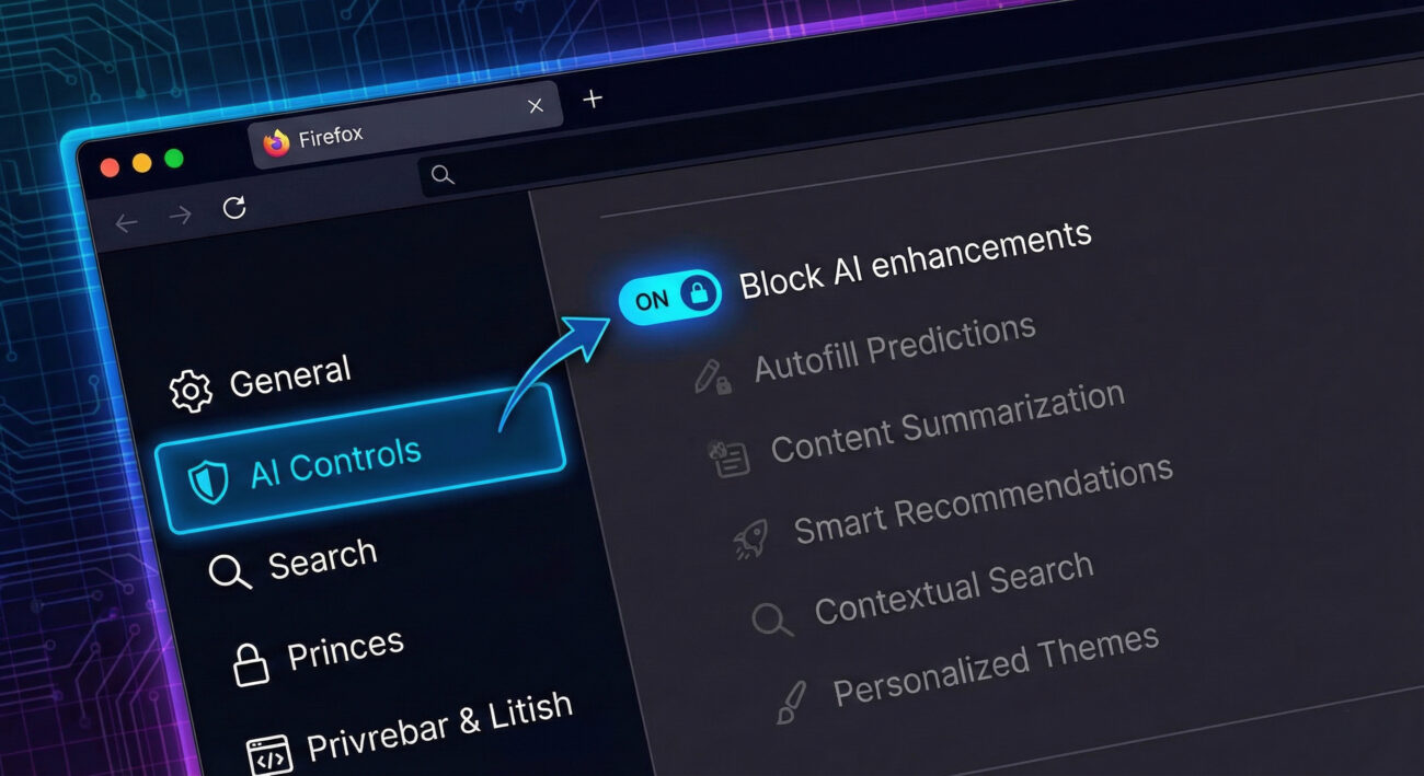 Firefox generative AI privacy control settings panel with master toggle enabled