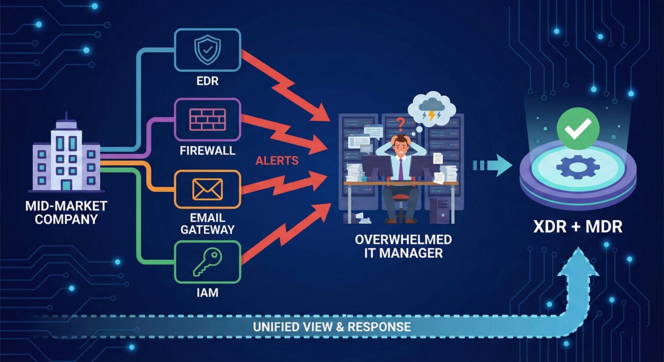 mid-market threat lifecycle protection diagram showing tool sprawl vs. unified platform