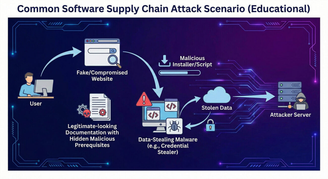 ClawHub malicious skills attack flow diagram showing infection chain