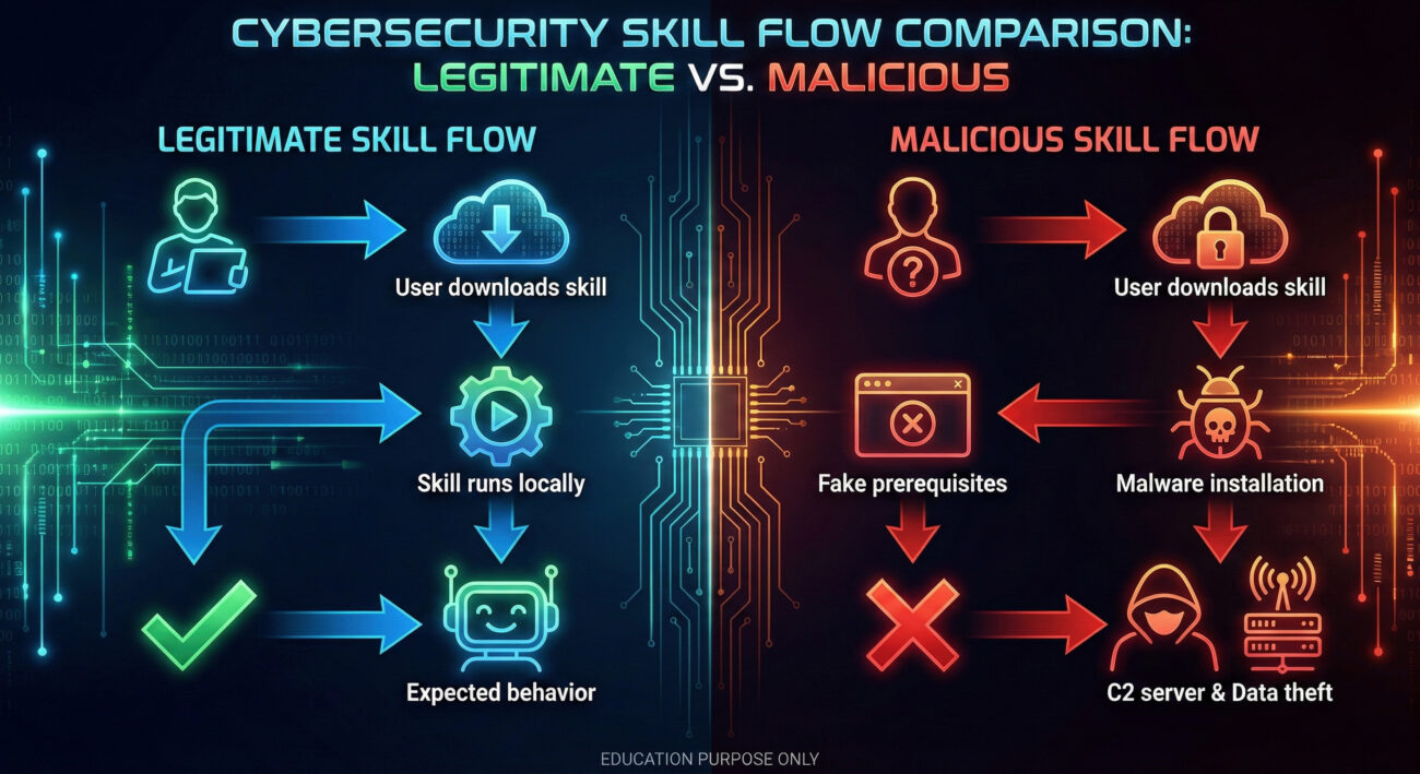 ClawHub malicious skills attack comparison between legitimate and malicious skill installation