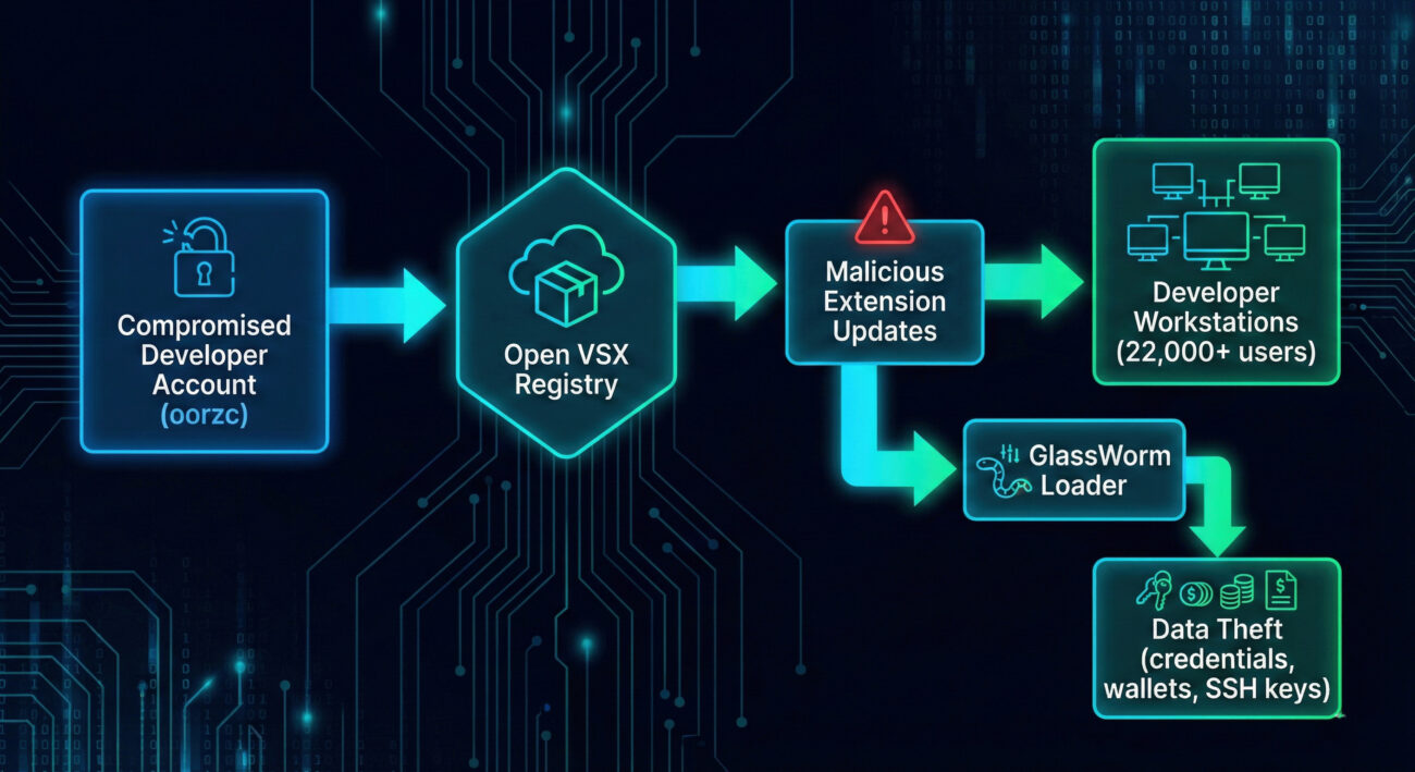 Open VSX supply chain attack flow diagram showing account compromise leading to malware distribution and data theft