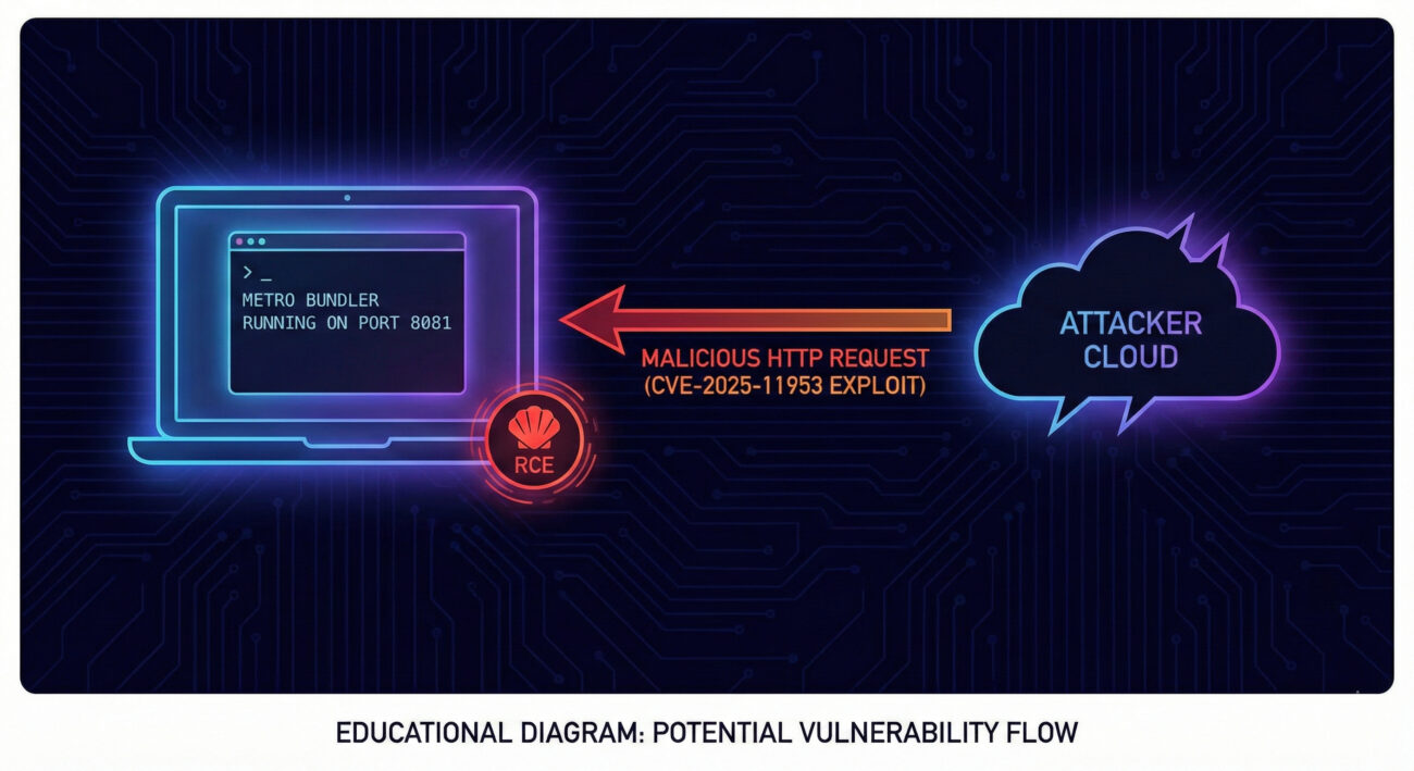 Metro4Shell RCE exploitation diagram showing attack from internet to exposed dev server