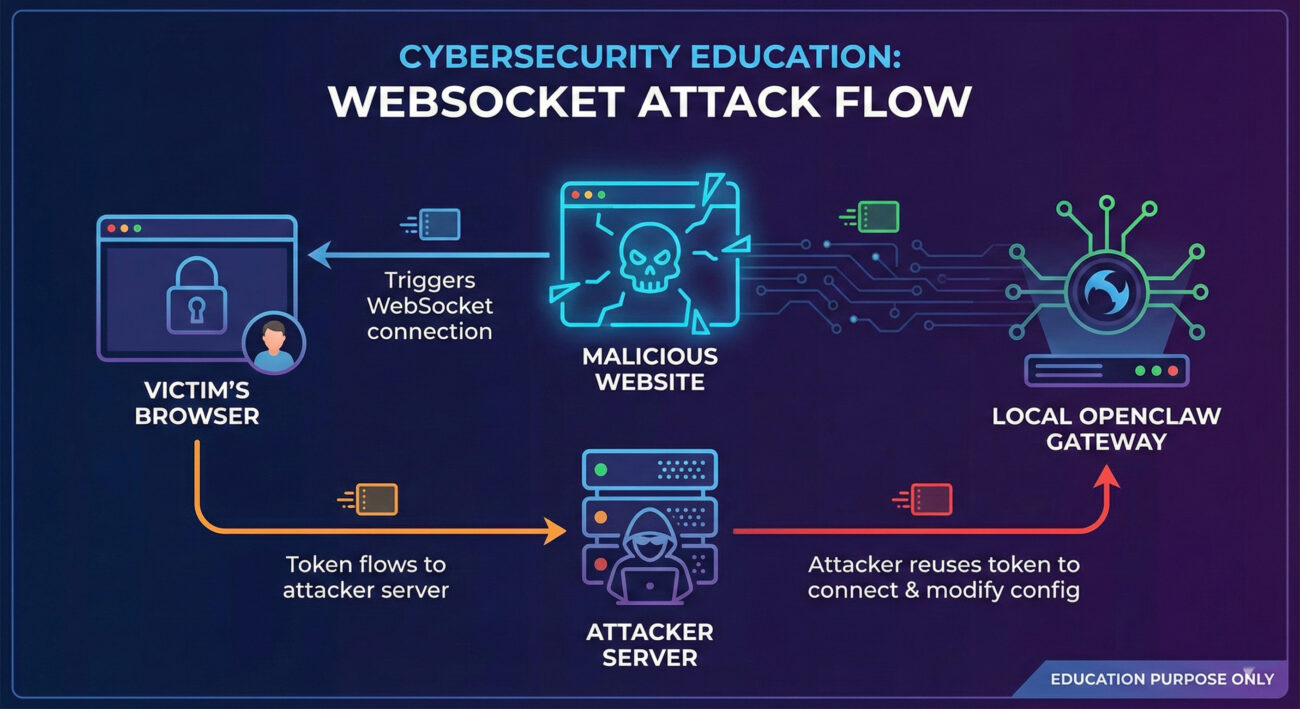 OpenClaw remote code execution token exfiltration diagram showing one-click attack flow