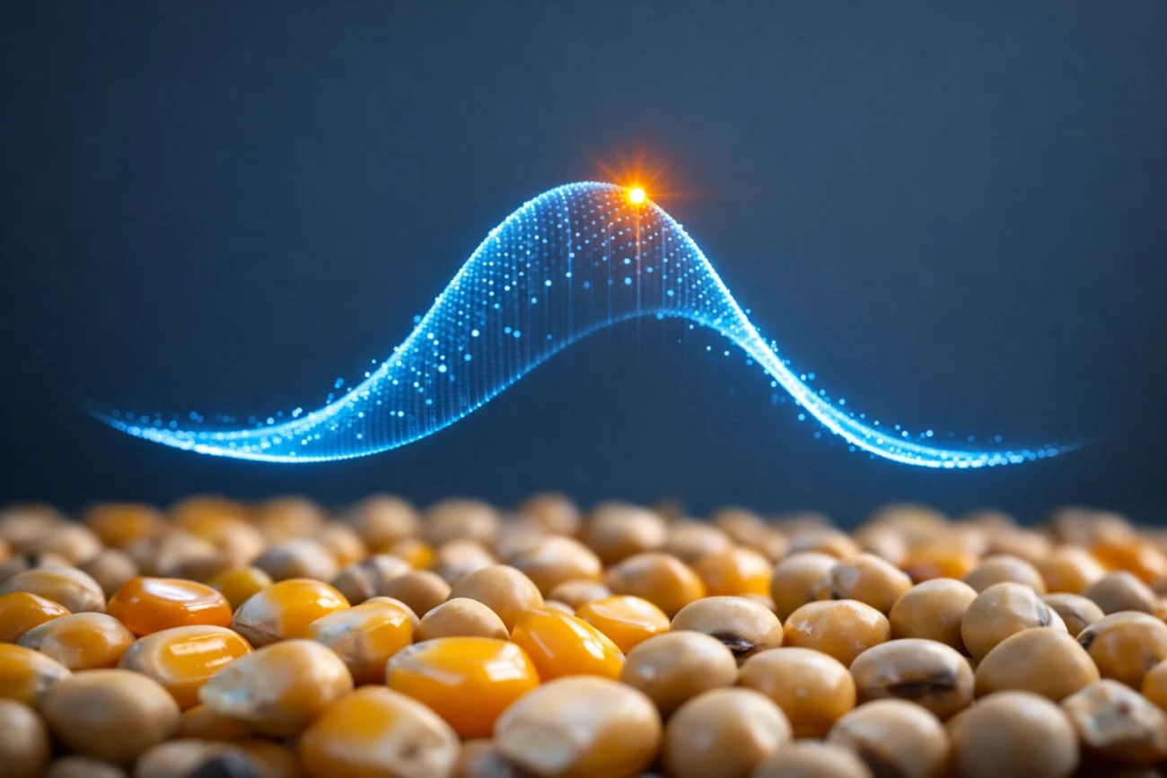 Precision enzyme dosing curve overlaying corn and soy feed ingredients to illustrate animal nutrition efficiency and ROI for McBoeck clients.