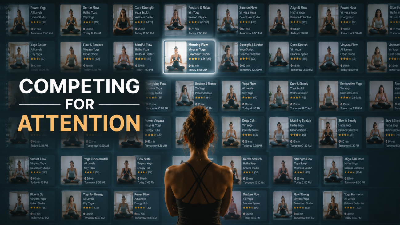 yoga software algorithm, Mindbody competitor ads, yoga marketplace cannibalization, yoga teacher student loyalty, white label yoga booking