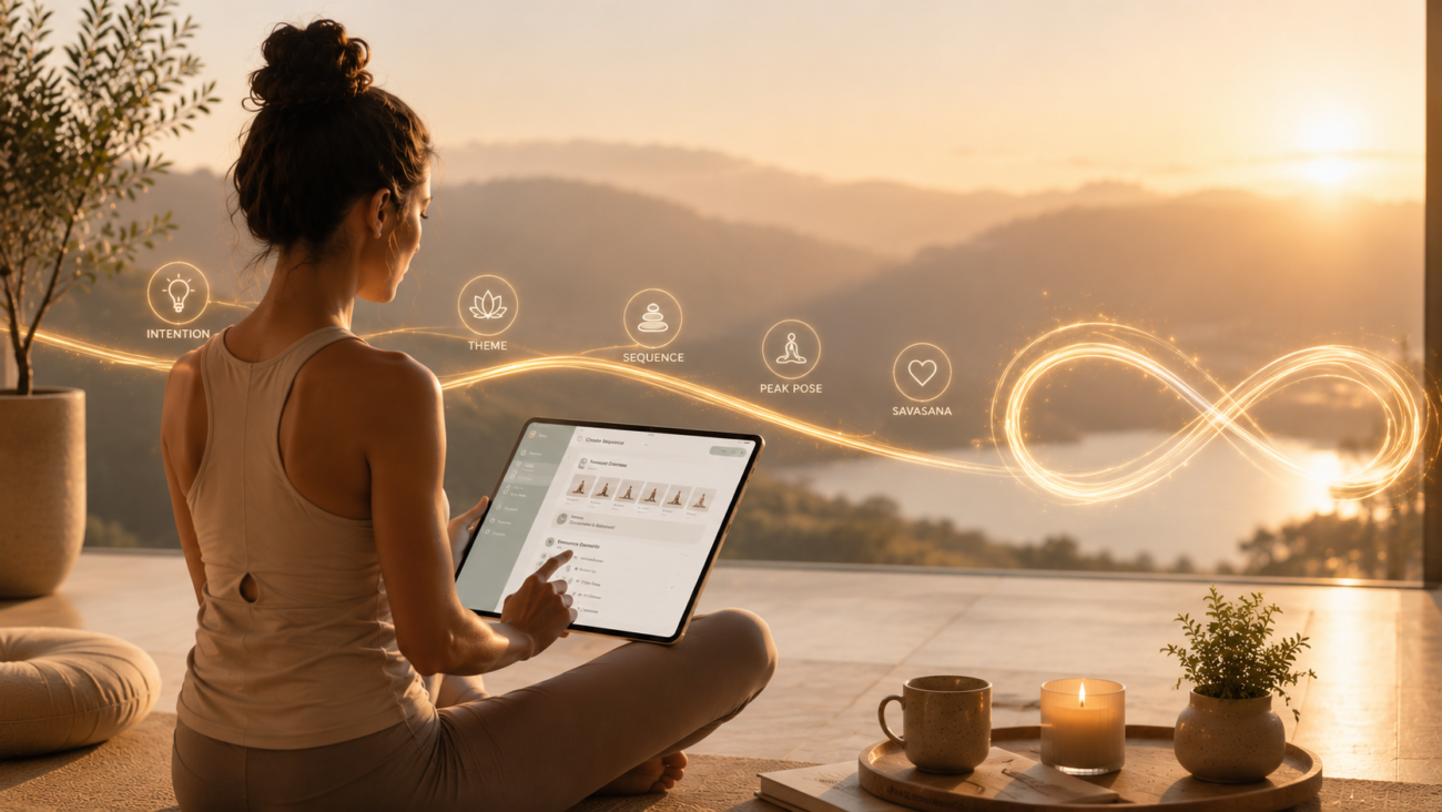Yoga teacher using an AI-powered sequencing app in a peaceful sunrise studio, with a flowing infinity symbol representing creativity, intention, and endless sequence possibilities.