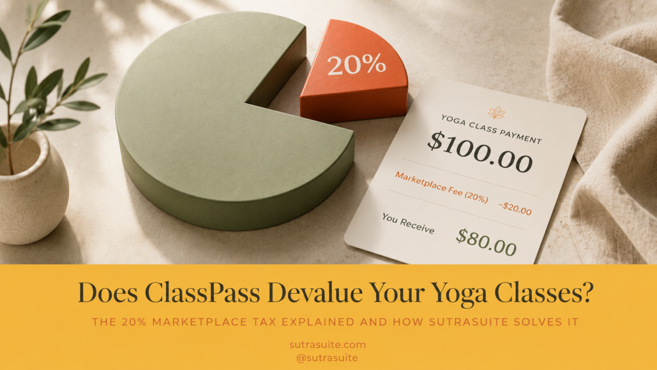 A visual comparison showing how a 20% marketplace commission reduces yoga teacher earnings and why owning your own booking system matters.